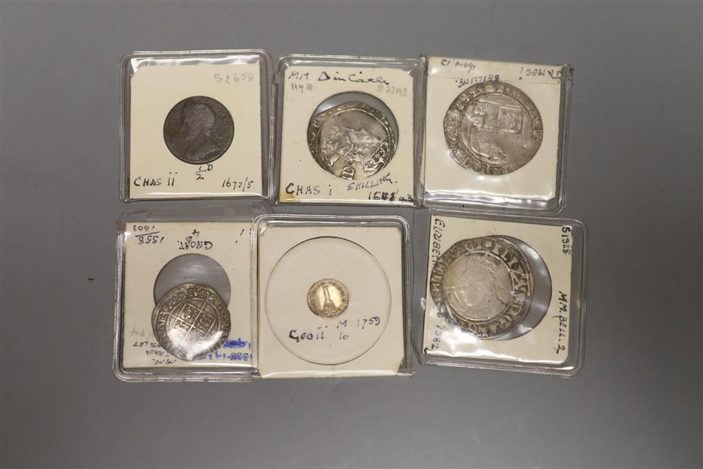 Tudor to Hanoverian silver coins; Elizabeth I groat mm crosslet, F; Elizabeth I shilling mm. bell, 1582/3, For better, a Charles I